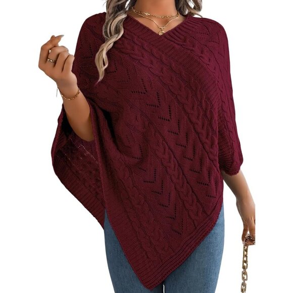 Tops - Women Knit Poncho Sweater Irregular Hollow Out Cape Top Casual Fall Winter